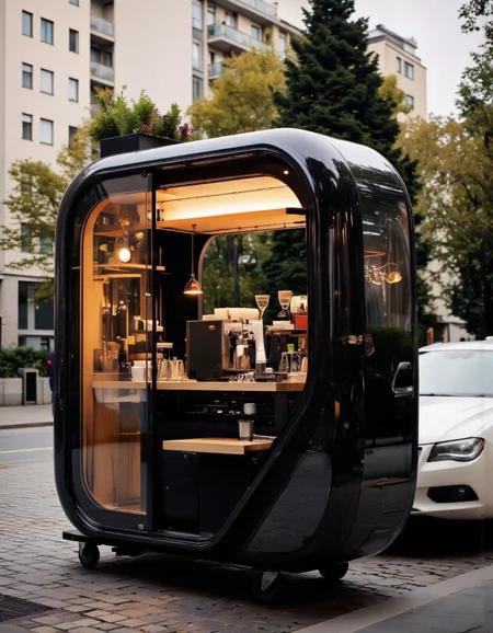 futuristic design. A modern, minimalist coffee cart with a sleek black exterior and a wooden countertop, set against a blurred outdoor setting with trees and buildings in the background. the cart has a glass door that allows you to see the contents inside, including bottles, glasses, and a coffee machine, as well as potted plants on the countertop. the lighting is warm and soft, creating a cozy ambiance. the coffee cart is situated on a cobblestone street, with a car parked to the right, adding to the urban feel of the scene.