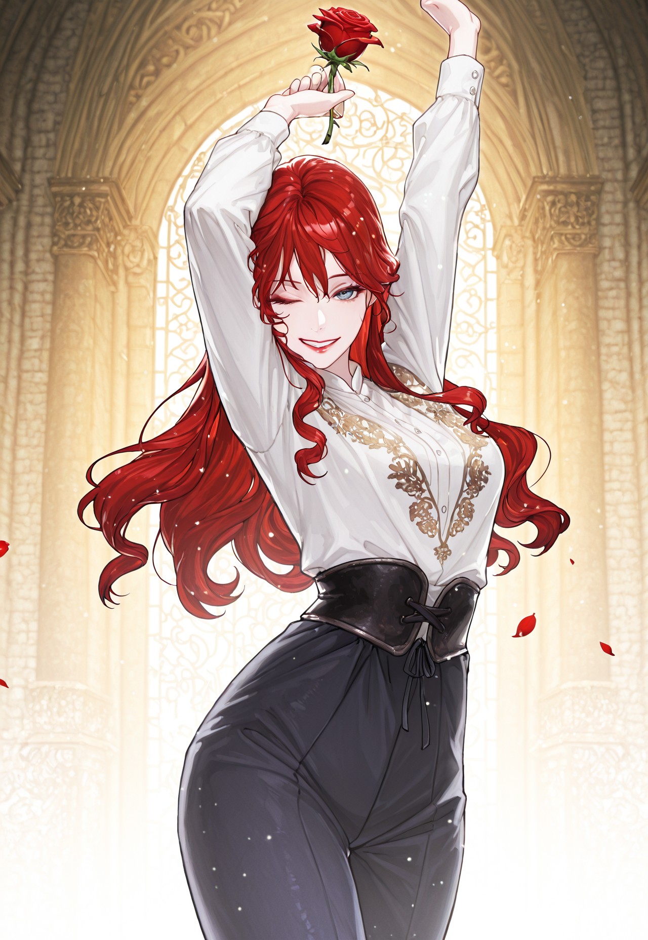 eyelashes:1.25, 1girl, arm up, dancing, wink, one eye closed, blue eyes, cowboy shot, flower, grin, hand up, holding flower, long hair, pants, parted lips, red hair, red lips, red flower, rose petals, red rose, rose, shirt, smile, solo, standing, medieval, thighs, highres, 
Chinese interior, indoors
masterpiece, best quality, ultra-detailed, highest quality, official art, absurdres, latest, very awa, very aesthetic, detailed shading, (detailed background, complex background), amazing quality, intricate, hyper-detailed, excellent, official art, absurdres, latest, 
masterpiece, detailed face, dynamic, very aesthetic, detailed shading, (detailed background, complex background), amazing quality, intricate, hyper-detailed, excellent, latest, masterpiece, best quality, ultra-detailed, highest quality, official art, absurdres, very awa, very aesthetic, latest, detailed background, intricate scenery, cinematic lighting
