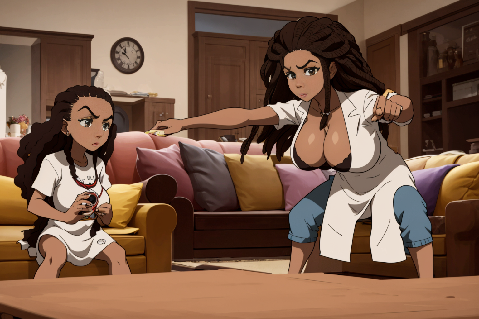 a woman with big breasts and long hair, and a man sitting in a couch in the living room, well draw eyes and eye pupil , EdobBoondocksArtStyle  <lora:EdobBoondocksArtStyle_v1.0:0.8>