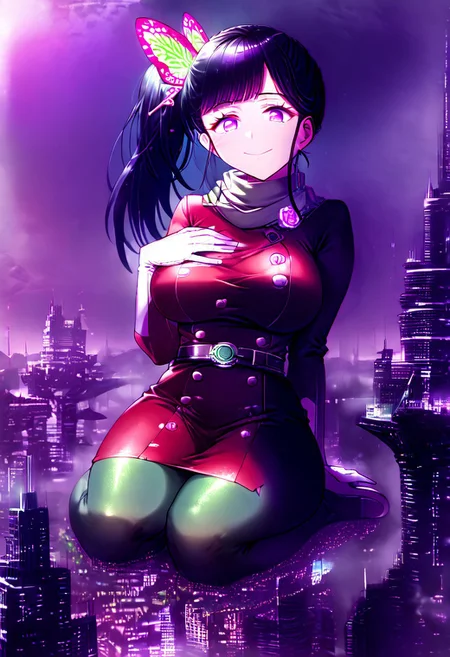 gorgeous lips, cinematic, (masterpiece), (best quality), (ultra-detailed), very aesthetic, perfect composition, intricate details, absurdres, detailed face, (anime, masterpiece, intricate:1.3), (best quality, hires textures, high detail:1.2), score_9, score_8_up, score_7_up, source_anime, 1girl, kanao tsuyuri, black hair, pink highlights, butterfly, butterfly hair ornament, purple eyes, long hair, side ponytail, ponytail, eyelashes, hair ornament, scarf, dress, red dress, long sleeves, buttons, gloves, white gloves, belt, pantyhose, green pantyhose, laced heel boots, white footwear, skirt, flower patterns, alternate_costume, enormous breasts, facial expression, kind, soft eyes, head tilt, slightly smiling, closed mouth, hand on breasts, goddess, building size, giantess, growing even bigger, sitting on the ground, ruanyi0639,hugging own legs, gradient eyes, beautiful detailed eyes, futuristic-city, city background, mountain landscape, city, mountain, super tall building, super tall skyscrapers, in the city, solo, (masterpiece:1.4), (best quality:1.4), (ultra-detailed:1.2), gl0w, glow,