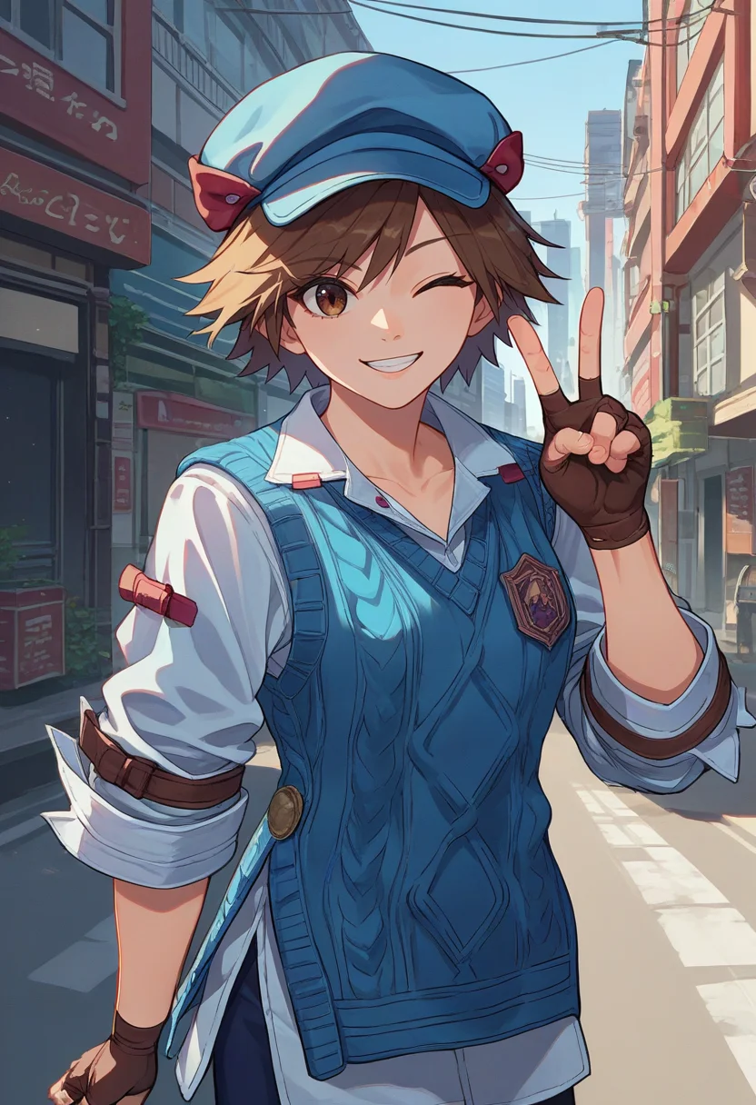 score_9, score_8_up, score_7_up, source_anime, solo, 1girl, asukatekken8, smile, looking at viewer, standing, v, cabbie hat, one eye closed, blue sweater, sweater vest, white shirt, sleeves rolled up, brown gloves, fingerless gloves, outdoors, city street <lora:tekken_asukakazama_ponyXL:1>