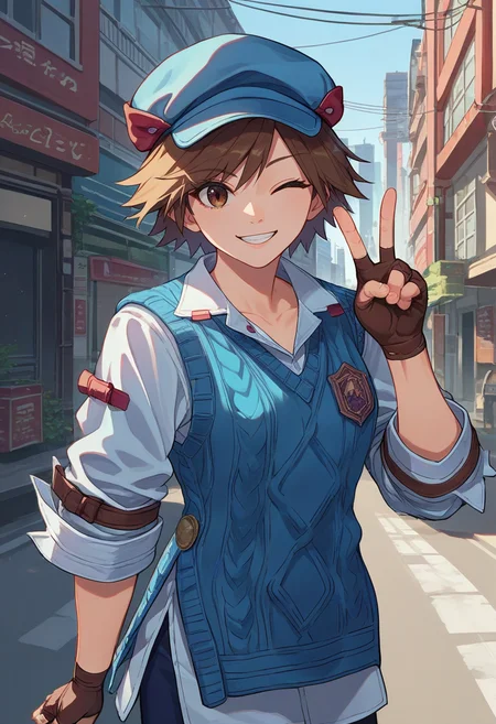 score_9, score_8_up, score_7_up, source_anime, solo, 1girl, asukatekken8, smile, looking at viewer, standing, v, cabbie hat, one eye closed, blue sweater, sweater vest, white shirt, sleeves rolled up, brown gloves, fingerless gloves, outdoors, city street <lora:tekken_asukakazama_ponyXL:1>