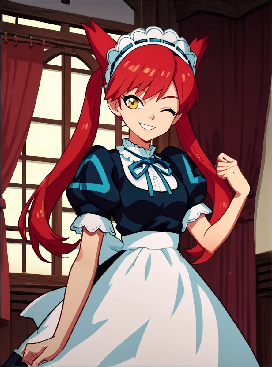 score_9, score_8_up, score_7_up, score_6_up, score_5_up, score_4_up source_anime, anime screencap, <lora:LAtiasAdventure:0.8>1girl, adventurelatias, solo, twintails, red hair, maid headdress, maid, smile, yellow eyes, long hair smile wink