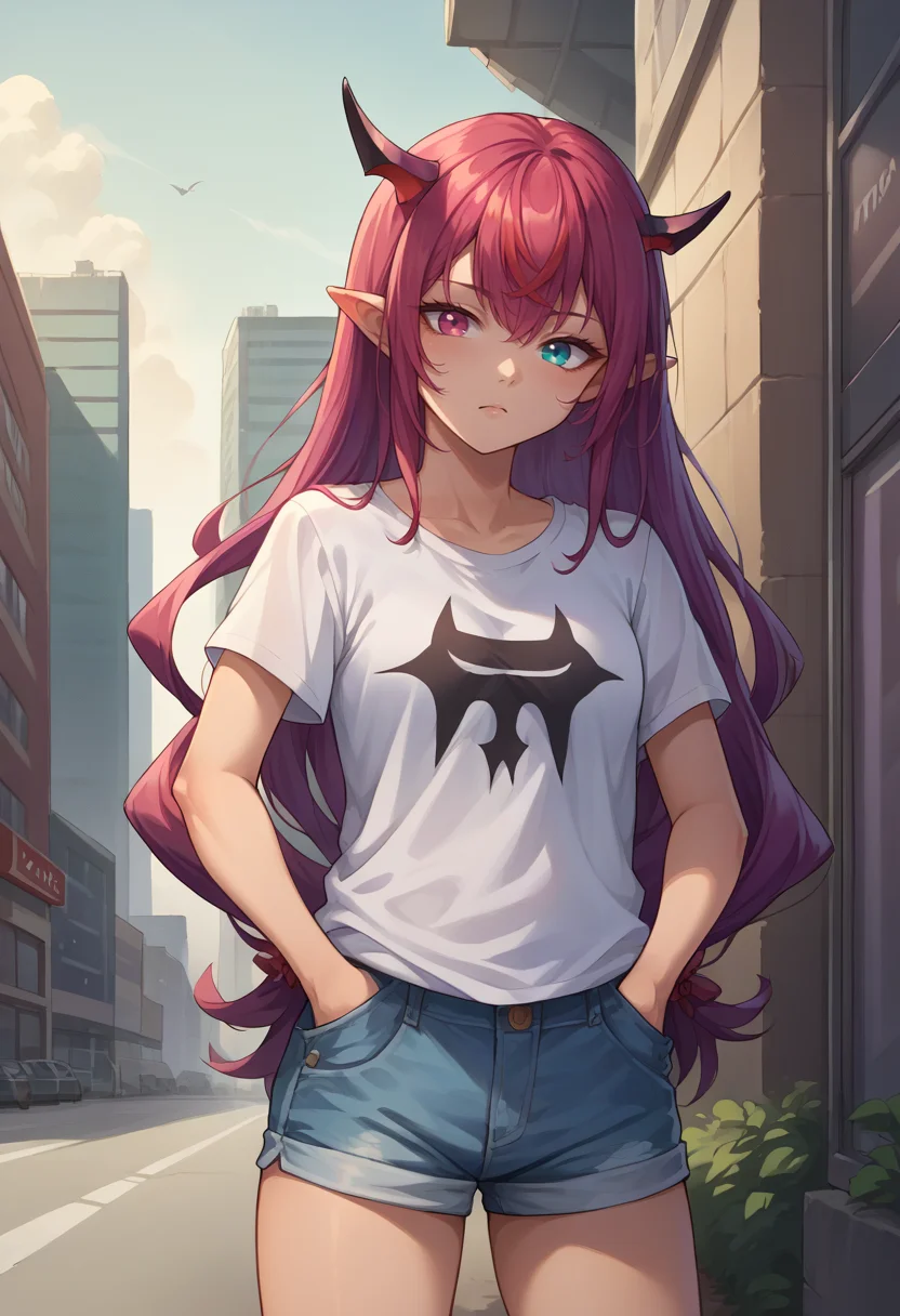 score_9, score_8_up, source_anime, 1girl, solo, IrysHolo, horns, heterochromia, purple eye, blue eye, long hair, t-shirt, denim shorts, standing, outdoors, city, hands in pockets, <lora:CHAR-IrysPonyXL:1>