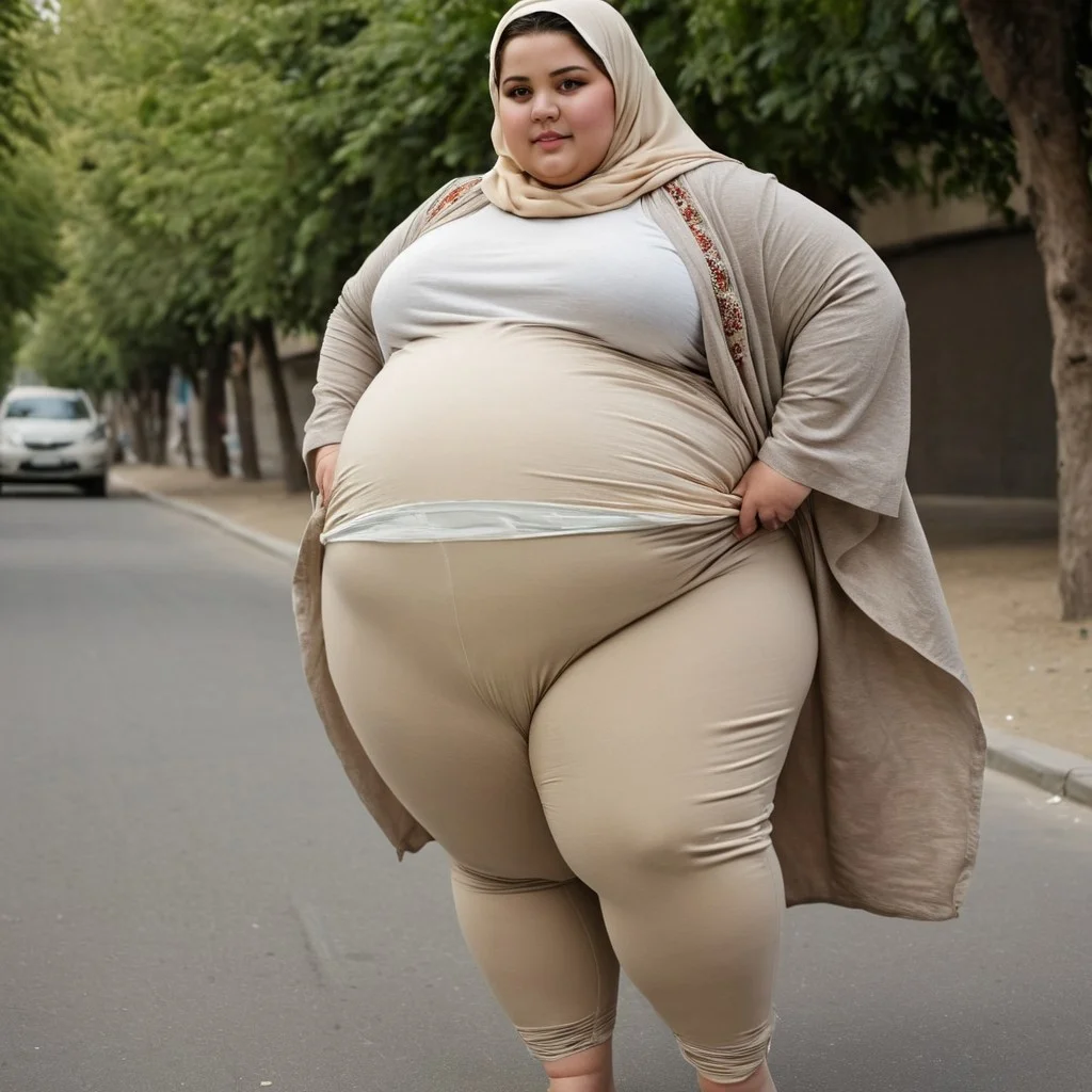 cinematic photo of huge obese girl, heavily pregnant, walking proudly, relaxed expression, 18 years old, hijab, cute fat face, natural playful body pose, powerful young woman, wearing beige leggings over a diaper, bulky diaper stretching the fabric of her leggings, huge massive thighs, huge round pregnancy bump sticking out, plus size bbw Tehran urban setting Candid photo Film grain Intricate play of lights and shadows