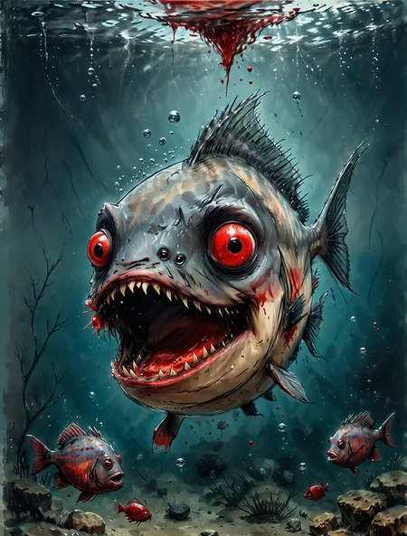 cute drawing of a Piranha fish under water surrounded by blood, slender body, thin body,  <lora:Cute_Drawing:0.8>