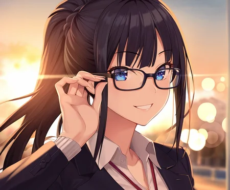 best quality, amazing quality, masterpiece, anime, 1girl, portrait, close-up, stylish glasses, black hair,