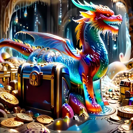 1dragon, highly detailed blue dragon, blue dragon made out of slime, scaly blue slime dragon, slime dragon with red eyes, blue slime dragon laying in its hoard, blue slime dragon with wings, dragon wings, 
multi-colored gems made out of slime, in a room of treasure made out of slime,  gold coins and bars made out of slime, wood-like treasure chest made out of slime, wood-colored slime chest, individual coins made out of slime, gold slime coins, piles of coins, 
treasure-room, treasure, treasure chest, gemstone, coins, gold bars, gold pile, 
everything made of slime, No simple background,
((translucent slime)), ((transparent slime)), (bioluminescent slime), sl1m3, slime, ais-blmn, watce, je11y, thickwater, great lighting, ral-lava, even lighting, no bright spots,