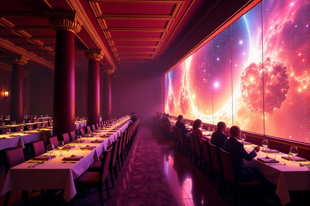 "Visualize the opulent and absurd interior of Milliways, the Restaurant at the End of the Universe. The scene is a vast, geometrically precise dining hall, with tables arranged in perfect rows stretching towards an infinitely receding horizon. The color palette is a rich, almost decadent blend of deep purples, golds, and reds. Diners, a bizarre collection of alien species in outlandish attire, sit in perfect stillness, observing the spectacular destruction of the universe unfolding through enormous, panoramic windows that dominate one wall. The lighting is dramatic and theatrical, highlighting the surreal nature of the event. Focus on the stillness of the diners juxtaposed with the cosmic chaos outside, conveying a sense of detached, almost bored acceptance of the ultimate end. 8k resolution, hyperrealistic rendering, symmetrical composition, rich and decadent color palette, surreal and theatrical lighting, Kubrickian dark humor aesthetic."  <lora:cinematic film IMAX70mm Filmstrip style v1:0.8> cinematic film style, IMAX70mm , filmstrip borderâââ