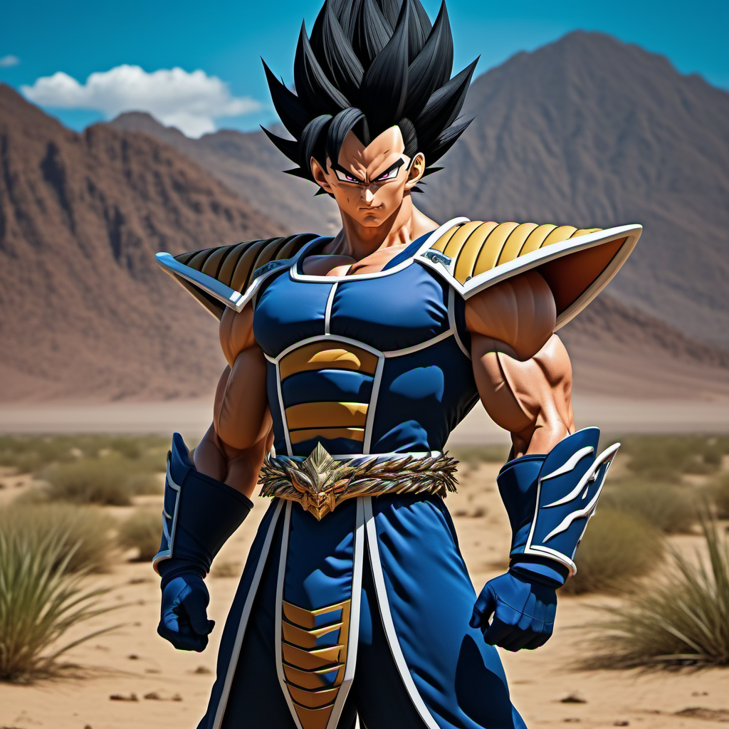 anime artwork full body portrait of a muscular man, black spiked hair, saiyan armor, solo, in the desert<lora:Vegeta1024:0.8>  . anime style, key visual, vibrant, studio anime,  highly detailed
