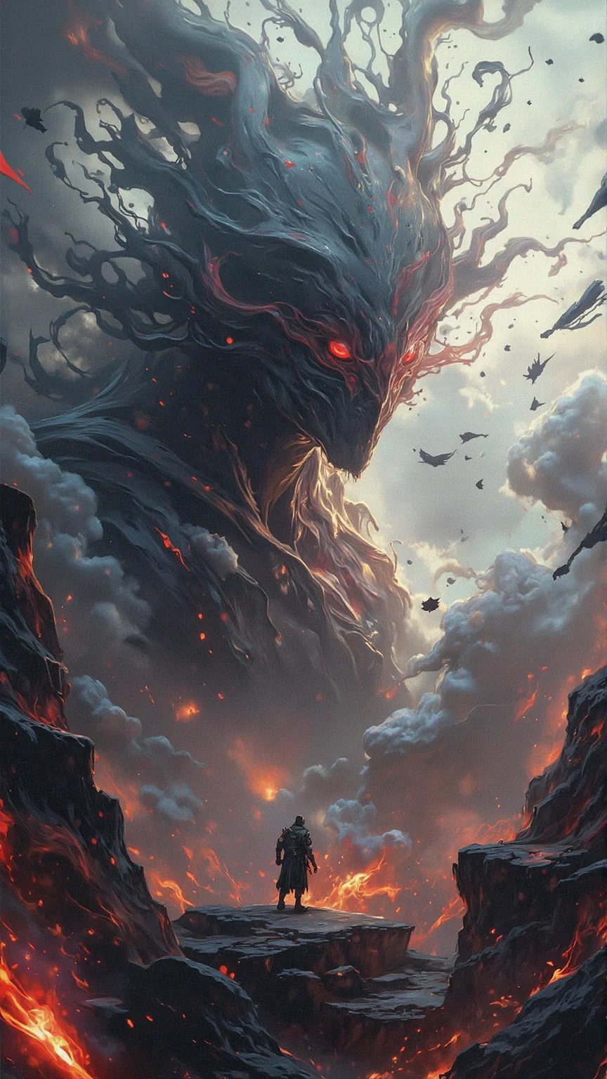 A swirling vortex of smoke and ink engulfs the foreground, as if reality itself is unraveling. In the midst of this chaotic storm, a figure emerges: a shadowy creature with glowing red eyes, its form distorted by the turbulent air. The being's gaze is fixed intently to the left, its determination palpable despite the apocalyptic backdrop. Amidst the turmoil, floating islands pierce the sky, their rugged edges illuminated by an otherworldly light. A maelstrom of debris swirls around the creature, as if drawn to its presence. The wind howls through the, <lora:Flux_Turbo_Alpha.safetensors:1.0> <lora:niji_flux.safetensors:0.5> niji_flux <lora:aidmaMJ6.1-FLUX-v0.4.safetensors:0.6> aidmaMJ6.1