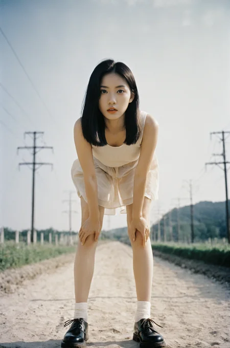 Horror/Adjectives,sturdy shoes,soft natural lighting,engineering marvel,large expressive eyes,clean-shaven,aesthetic,by László Moholy-Nagy,ethereal glow,landscape photography sexy asian young woman,film grain texture,analog photography aesthetic,visual storytelling,dynamic composition,looking at viewer,eye contact,nsfw,