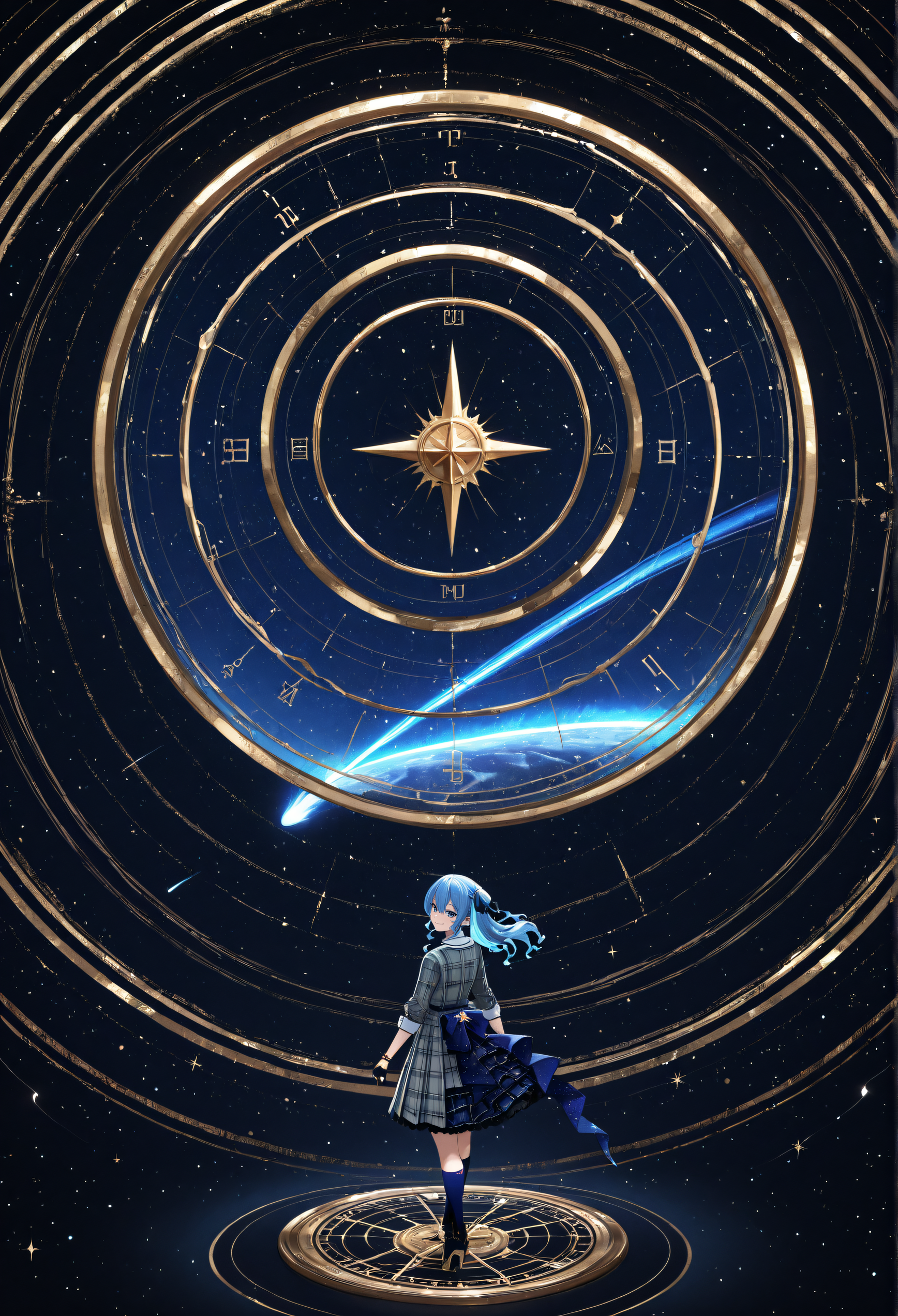 hoshimachi_suisei, abstract background, navigation, compass, circle, comet, from behind, look back at viewer, smile, wide shot, masterpiece, absurdres