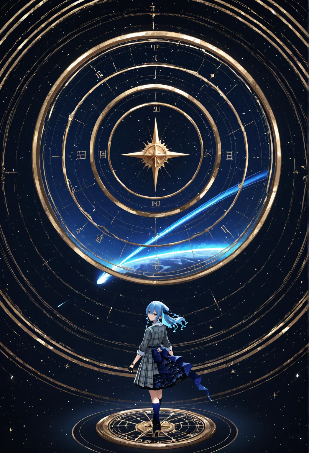 hoshimachi_suisei, abstract background, navigation, compass, circle, comet, from behind, look back at viewer, smile, wide shot, masterpiece, absurdres