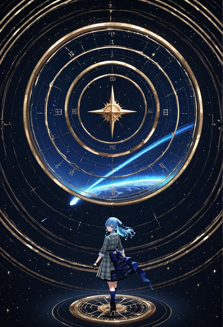 hoshimachi_suisei, abstract background, navigation, compass, circle, comet, from behind, look back at viewer, smile, wide shot, masterpiece, absurdres