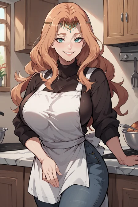 score_9, score_8_up, score_7_up, score_6_up, source_anime, BREAK 1girl, <lora:cornelia-pdxl-nvwls-v1-000005:1> feCornelia, long hair, circlet, black sweater, white apron, jeans, kitchen, large breasts, smile