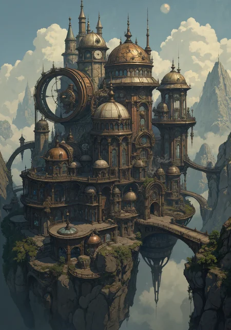A sprawling steampunk metropolis atop rugged cliffs, Victorian ingenuity merged with futuristic energy fields. Ornate brass spires, colossal clockwork arches, intricate iron bridges, and carved terraces interlace with timeworn domes. Wrought metal, patinated copper, and distressed stone blend with organic ivy and moss, a harmonious fusion of industrial craftsmanship and nature-inspired aesthetics. Floating mechanical contraptions and luminous glows accentuate surreal shadows, ambient twilight, and dramatic chiaroscuro. Digital art, hyper-detailed 8k masterpiece quality, intricate textures, and atmospheric fog evoke visionary grandeur and timeless elegance. <lora:FluxDFaeTasticDetails:0.7> <lora:Ganin_II:0.6> <lora:Illustration concept Variant 3A:0.4> <lora:ArtNouveau2Flux:0.6> <lora:flux_dev:1>