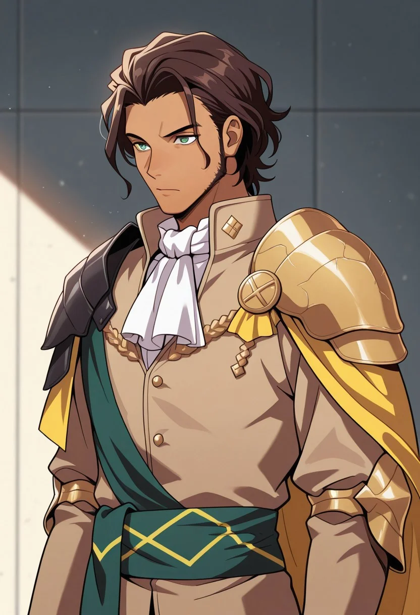 masterpiece,best quality,amazing quality, source_anime,
ClaudeVonRiegan, 1boy, male focus, solo, green eyes, brown hair, dark-skinned male, aged up, facial hair, ascot, white ascot, shoulder armor, cape, yellow cape, jacket, brown jacket, green sash,