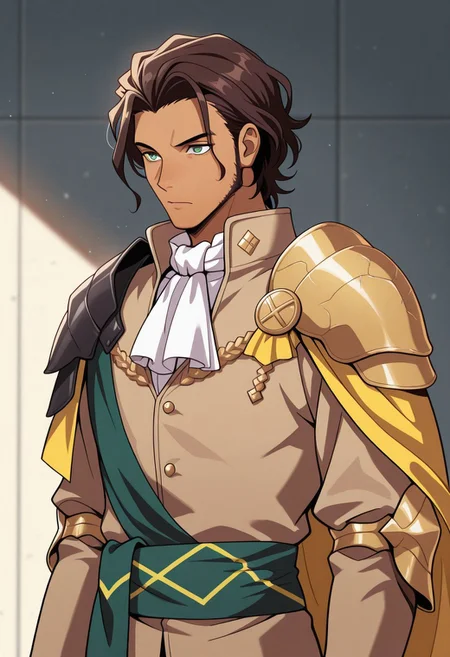 masterpiece,best quality,amazing quality, source_anime,
ClaudeVonRiegan, 1boy, male focus, solo, green eyes, brown hair, dark-skinned male, aged up, facial hair, ascot, white ascot, shoulder armor, cape, yellow cape, jacket, brown jacket, green sash,