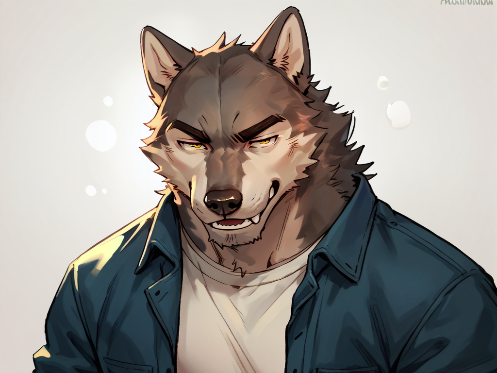 portrait of bara wolf man, nomifuki_style, wolf,  furry, <lora:Nomifuki_Style:.8>, score_9, score_8_up, score_7_up, <lora:Smooth Anime 2 Style SDXL_LoRA_Pony Diffusion V6 XL:.3>   <lora:add-detail-xl:.8>  zPDXL3,