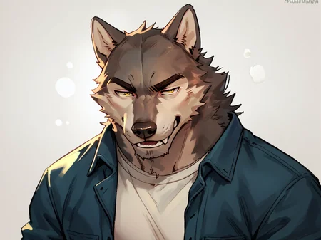 portrait of bara wolf man, nomifuki_style, wolf, furry, <lora:Nomifuki_Style:.8>, score_9, score_8_up, score_7_up, <lora:Smooth Anime 2 Style SDXL_LoRA_Pony Diffusion V6 XL:.3> <lora:add-detail-xl:.8> zPDXL3,