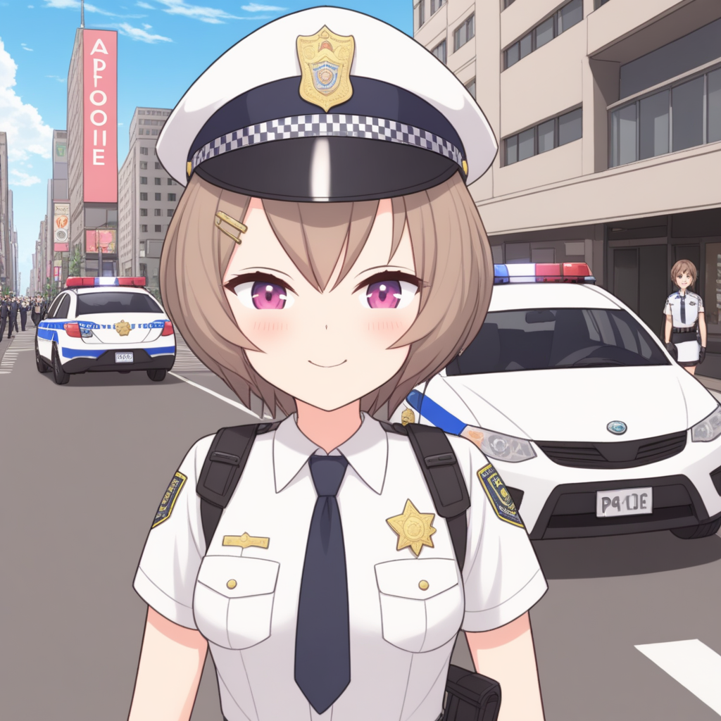 panko, animal ears, brown hair, hair ornament, small breasts., short hair, smile, solo, virtual youtuber, fuschia eyes, looking at viewer,
police uniform, city, police car, 
 <lora:PANKO-XL-t1:0.6>