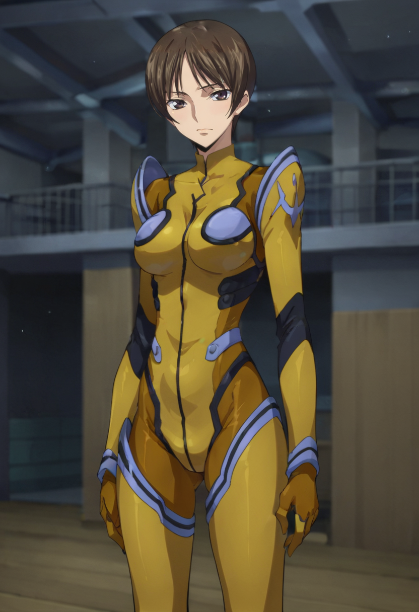 score_9,score_8_up,score_7_up BREAK source_anime,anime,<lora:Nagisa_Chiba_Code_Geass:0.8>,nchiba,1girl,solo,short hair,brown hair,brown eyes,pilot suit,standing,looking at viewer,indoors,dock,