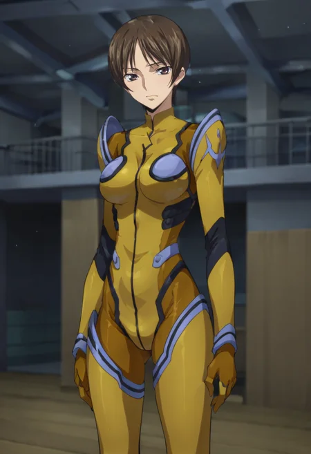 score_9,score_8_up,score_7_up BREAK source_anime,anime,<lora:Nagisa_Chiba_Code_Geass:0.8>,nchiba,1girl,solo,short hair,brown hair,brown eyes,pilot suit,standing,looking at viewer,indoors,dock,