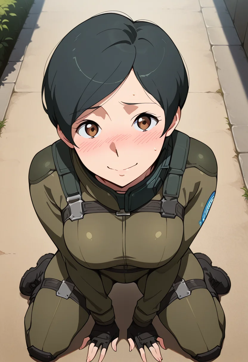 masterpiece, best quality, amazing quality, very aesthetic, absurdres, newest, illustration, perfect composition, intricate details, highres, anime coloring, 1girl, solo, kaoruww, mature female, brown eyes, black hair, short hair, aldnoahsuit, breasts, neck guard, black fingerless gloves, black combat boots, <lora:Mizusaki_Kaoru_Aldnoah_Zero_ill_v1.1:1>, from above, full shot, kneeling, legs apart, hand on knee, nervous smile, closed mouth, nose blush, looking at viewer, tense pose, outdoors, sunny day, attractive, detailed shading, soft lighting, shiny body, shiny skin, skindentation, clear skin, shiny hair, ultra detailed eyes, depth of field, sharp, intricate details, hyperdetailed, ultra-detailed, detailed clothing folds, high contrast, dynamic light