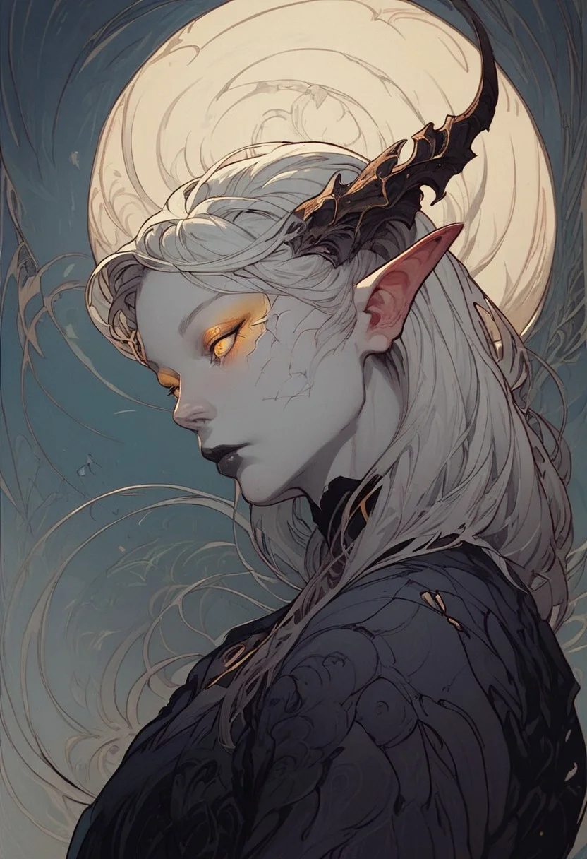zPDXL3 , Expressiveh , score_9 , score_8 , score_7 , score_6_up (closeup, portrait of a personification of a dawn:1.3), slightly side view, targon, mount targon, horns, solo, black lips, grey skin, pointy ears, colored skin, white hair, cracked skin, yellow eyes, long hair, demon horns, upper body, gold cracks, gold eyeshadow, white skin high quality, best quality, vibrant colors, highly detailed , high quality , high res Art Noveau , Noveau , mask , dark halo