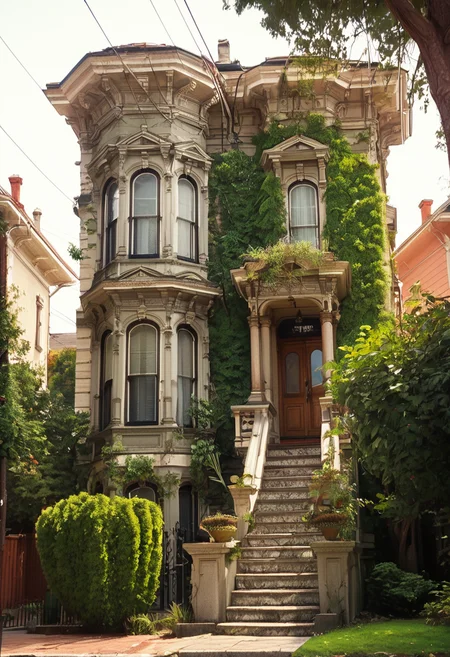 score_9,score_8_up,score_7_up, <lora:Victorian_house_pony_v2:1> v1ct0r14n, day, Italianate, 3story, tree, plant, house
