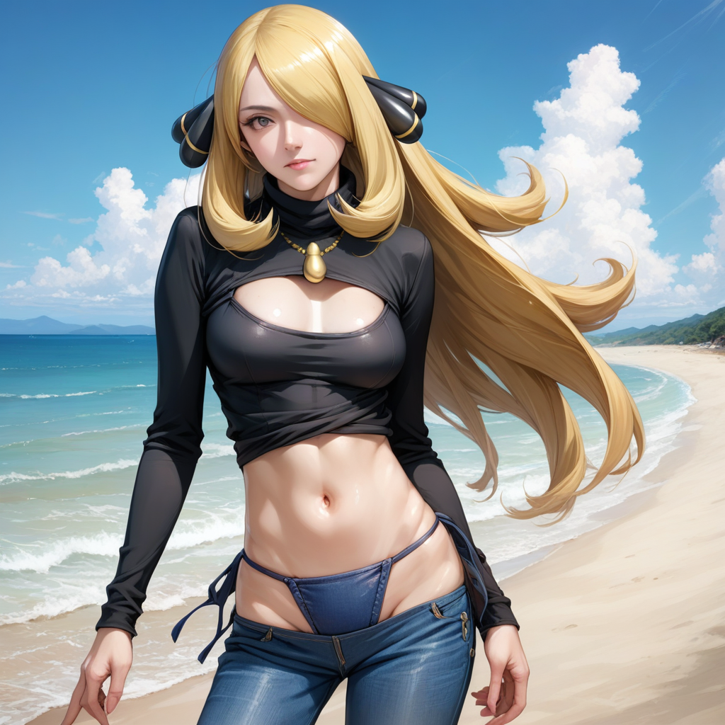 artist style:Urushihara Satoshi, source_hentai, source_anime, masterpiece, score_9, score_8_up, score_7_up, source_anime, shiny oild skin,  real, realistic, Cynthia, blonde, face, eyes, Cynthia\(Pokemon\) 1girl, meme_attire, (bikini_jeans:1.0), pants, panties, side-tie panties, highleg_bikini, clothing cutout, denim, lowleg_pants, denim_bikini, bikini_jeans, clothing_cutout, beach, blue sky,