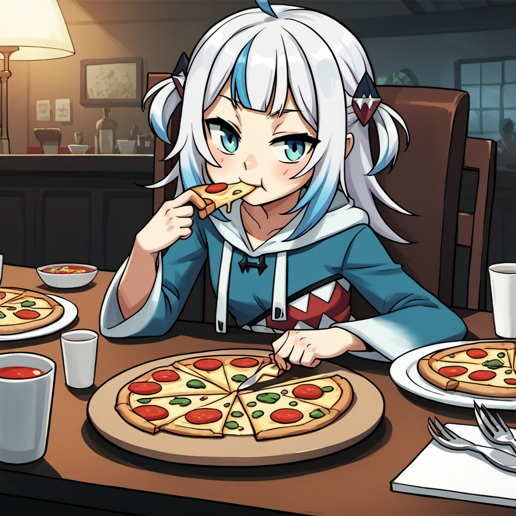 1girl, gawr_gura_(1st_costume), hololive,  sitting, looking at viewer, eating, pizza, plate, fork, knife, table, chair, table, restaurant, hoodie, cinematic angle, cinematic lighting, masterpiece, best quality
 <lora:Lab-Zero-game_Lora(PonyXL)captions2-000010:1.23>, anime artwork in lzg style, score_9, score_8_up, score_7_up, score_6_up, score_5_up, score_4_up