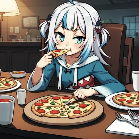 1girl, gawr_gura_(1st_costume), hololive,  sitting, looking at viewer, eating, pizza, plate, fork, knife, table, chair, table, restaurant, hoodie, cinematic angle, cinematic lighting, masterpiece, best quality
 <lora:Lab-Zero-game_Lora(PonyXL)captions2-000010:1.23>, anime artwork in lzg style, score_9, score_8_up, score_7_up, score_6_up, score_5_up, score_4_up