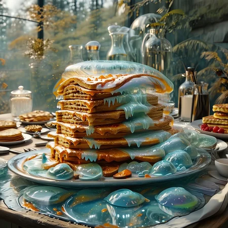 foodphoto, a stack of pancakes made out of slime, pancakes covered in syrup, a swirl of whipped topping on top of a stack of pancakes, plate made of slime, table made of slime,
natural light, no bright spots, 
((translucent slime)), ((transparent slime)), made of water, (bioluminescent slime), sl1m3, slime, slime-morph, ais-blmn, saturated colors, no creatures, no humans, no monsters, no pokemon, scenery only, scenery, ral-lava, watce