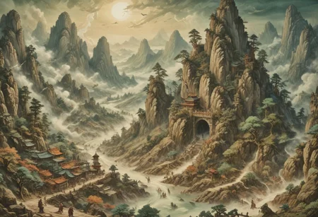 (Ink illustration on parchment, watercolor, ink splashes, Ukiyo-E). ((watercolor)), ((Chinese landscape)), Pagodas, Red-Trees, landscape focus, small figure off-side, Chinese Mountains, Rivers, Clouds, with watercolor washes, (((verdant green landscape))), (((mist, waterfalls))), trees, lush foliage, endless karth mountains that stretch outward to the horizon, a lone woman traversing the landscape!! wearing a bright blue cloak to make the miniscule figure stand out in a landscape dotted with the ruins of an ancient destroyed civilisation, crumbling stone, degraded buildings and temple, a long magical aurora borealis stretching across the sky, a broken moon high in the sky partially turned into an asteroid belt, a Saturn-like ringed-planet world, flickers of magical energy illuminating the land, in the far distance a giant wall of smoke is rising from the shattered earth in which a multitude of faces are forming and screaming, Ink splashes, rough ink sketch, Ghibli style, high contrast, stylized, dark skin, close up on face, head and shoulder, leather medieval top with lowered hood, Art Nouveau Style, detailxl, BadDream, dioramas,