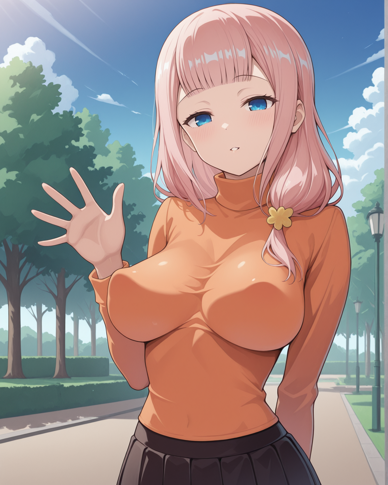 masterpiece, best quality, fujiwara_toyomi, 1girl, fujiwara_toyomi (kaguya-sama wa kokurasetai ~tensai-tachi no renai zunousen~), pink hair, blue eyes, looking at viewer, blunt bangs, hair over one shoulder, large breasts, perky breasts, pleated skirt, orange top, turtleneck, long sleeves, clouds, park, motherly side plait, hand behind back, waving, cowboy shot, parted lips, <lora:Fujiwara_Toyomi_Kaguya-sama_Love_Is_War_Illustrious:1>, smile,