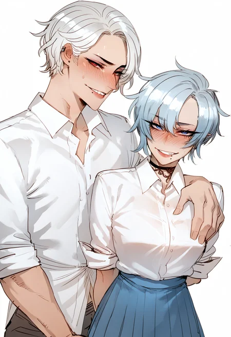 score_9, score_8_up, score_7_up, score_6_up, score_5_up, score_4_up,
<lora:Ratatatat74PonyXLv2:1> (r4tr4t:1.4),
1boy, 1girl, arm grab, collared shirt, long sleeves, looking at another, looking at viewer, mole, mole under mouth, series:original, shirt, short hair, simple background, skirt, sleeves rolled up, smile, sweatdrop, teeth, v