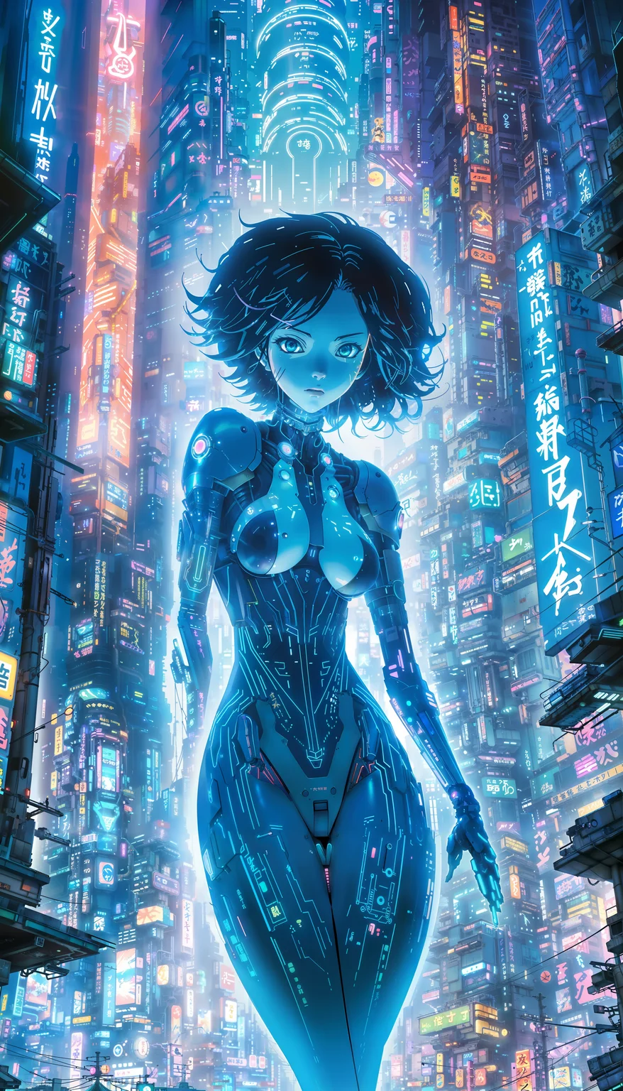 dynamic art by yoshitaka amano, makoto shinkai, studio ghibli, cinematic rearview of cortana posing dynamically in a cyberpunk armor looking up at a tall cyberpunk neo tokyo well lit highrise building, filled with neon signs <lora:cortana_xl_v3:0.8>