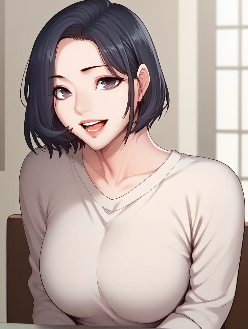 score_9, score_8_up, score_7_up, score_6_up, score_5_up, score_4_up <lora:Sang_mi:1> sangmi, 1girl, short hair, black hair, large breasts, light smile, , sitting, open mouth,looking at viewer, upper body,