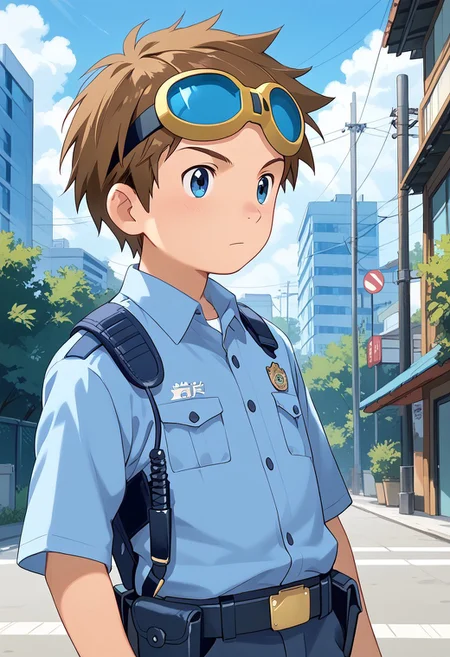 score_9, score_8_up, score_7_up, zPDXL2,
,
1boy, solo, goggles on head, brown hair, male Japanese Summer Police Uniform,light-blue collared shirt, rank slides,hip holster