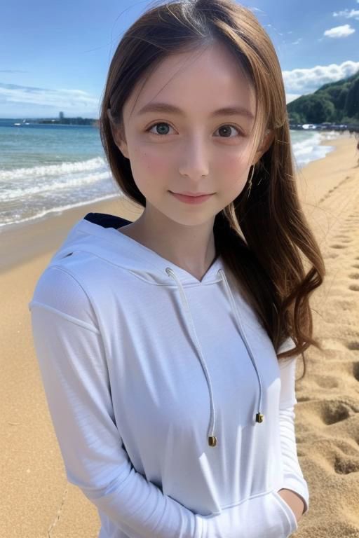 Nsfw, Original face, ((Original eyes shape)) , (((Small breasts))) , flat chest small breasts woman,  Seductive position, erotic position, attractive position, best quality, photo realistic portrait , see through  bra, pale skin long curly wavy hair,  Naked beach open hoodie