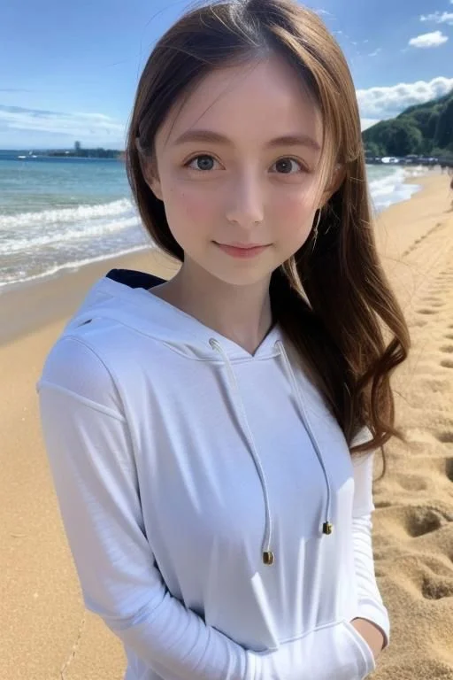 Nsfw, Original face, ((Original eyes shape)) , (((Small breasts))) , flat chest small breasts woman,  Seductive position, erotic position, attractive position, best quality, photo realistic portrait , see through  bra, pale skin long curly wavy hair,  Naked beach open hoodie