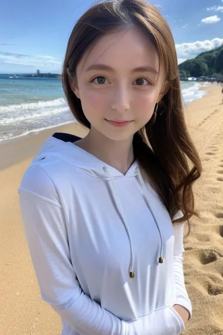 Nsfw, Original face, ((Original eyes shape)) , (((Small breasts))) , flat chest small breasts woman,  Seductive position, erotic position, attractive position, best quality, photo realistic portrait , see through  bra, pale skin long curly wavy hair,  Naked beach open hoodie