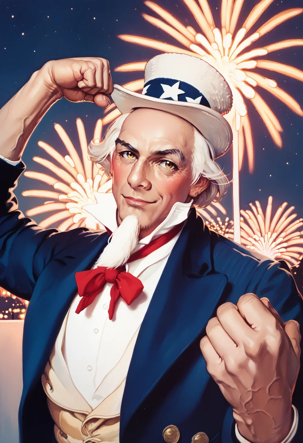 score_9, score_8_up, score_7_up, score_6_up, score_5_up, score_4_up, rating_safe, <lora:uncle_sam_v01:1>uncle sam, 1boy, solo, white hair, long goatee, red vertical-striped pants, blue tailcoat, white top hat, yellow vest, (blue hat band with stars:0.5), white shirt, red bowtie, light-skinned male, looking at viewer, from front, medium close up, flexing arm, fireworks, night, sky, <lora:norman_rockwell_style_pony_v6:1>
