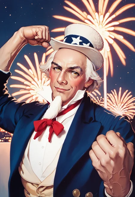 score_9, score_8_up, score_7_up, score_6_up, score_5_up, score_4_up, rating_safe, <lora:uncle_sam_v01:1>uncle sam, 1boy, solo, white hair, long goatee, red vertical-striped pants, blue tailcoat, white top hat, yellow vest, (blue hat band with stars:0.5), white shirt, red bowtie, light-skinned male, looking at viewer, from front, medium close up, flexing arm, fireworks, night, sky, <lora:norman_rockwell_style_pony_v6:1>