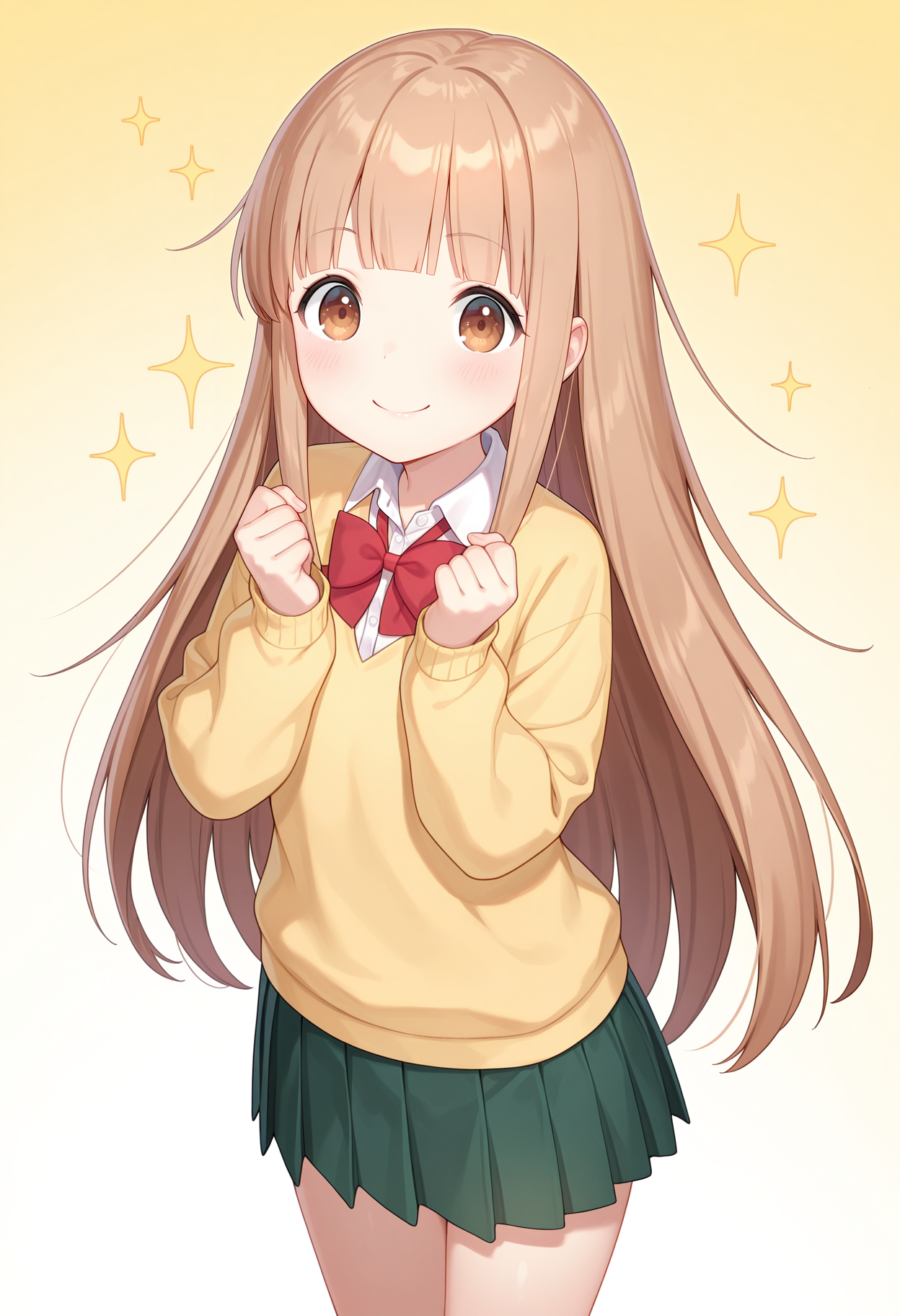 best quality, masterpiece, 1girl, aamiyano, long hair, brown hair, blunt bangs, brown eyes, school uniform, red bowtie, collared shirt, white shirt, yellow sweater, long sleeves, pleated skirt, green skirt, <lora:miyano_(tanakeda)_ilxl_v1:0.9>, standing, cowboy shot, hands up, clenched hands, sparkle, smile, looking at viewer,