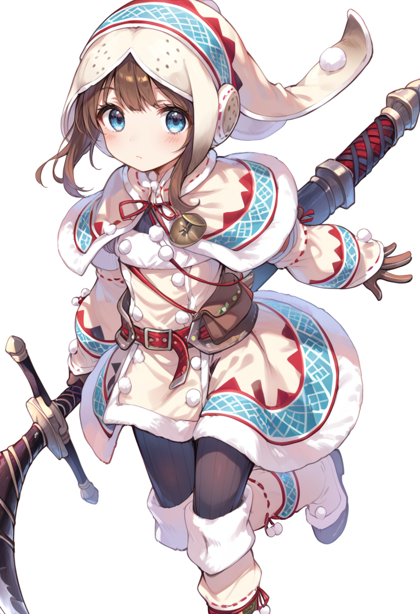 (score_9:0.9),score_8_up,score_7_up,rating_safe,anime style,(zPDXL),<lora:lagombi armor ponyXL v1:0.8>,lagombi armor,white hat,white gloves,white knee boots,1girl,blue eyes,solo,weapon,sword,blush,brown hair,holding,pantyhose,