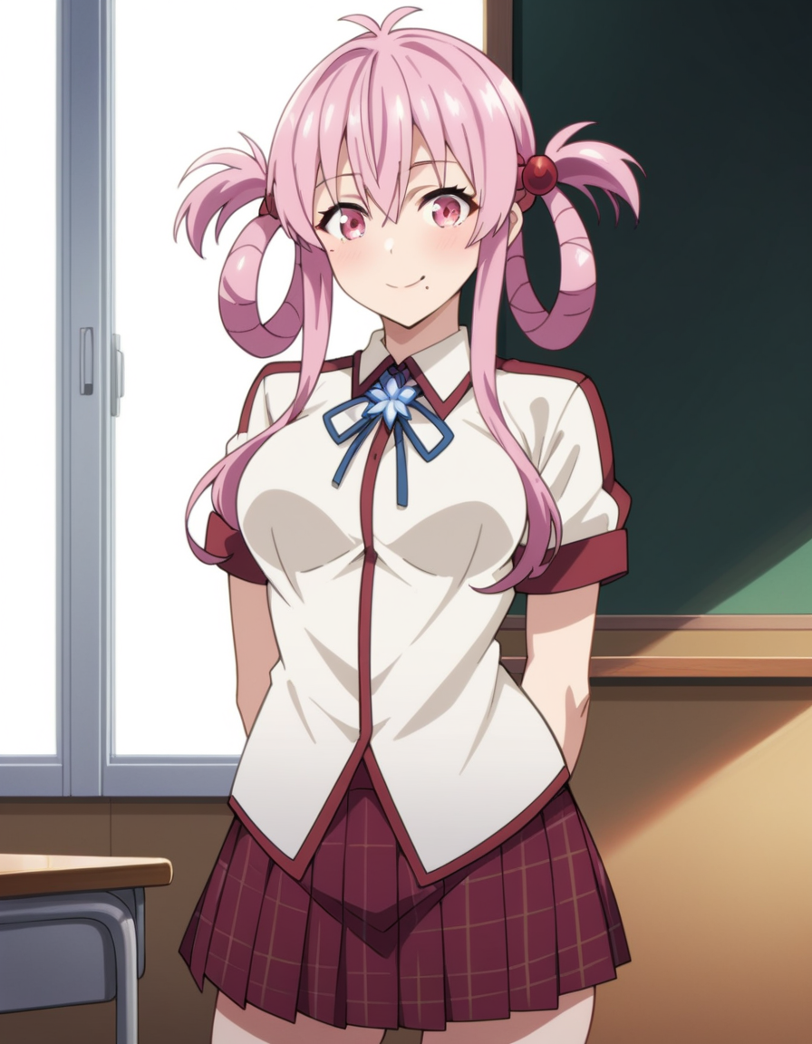 score_9, score_8_up, score_7_up, source_anime, uncensored, <lora:StS_detail_slider_v1:3>, zPDXLxxx, <lora:Momo_Sakurabara_PONYXL_VexVexX:1>, MomoSakurabara, 1girl, pink eyes, pink hair, twintails, hair rings, sidelocks, hair bobbles, hair ornament, bangs, mole under mouth, medium breasts, school uniform, ribbon, plaid skirt, pleated skirt, cowboy shot, indoors, from front, standing, hands behind back, looking at view, thighs, smile,