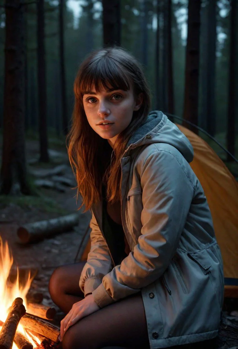 realistic photograph of a young (sexy:1.3) bangs haired woman camping in the forest sitting near a campfire at night, close up, highly detailed face, dark, dramatic lighting, pale skin, light clothes, (smiling:0.6)